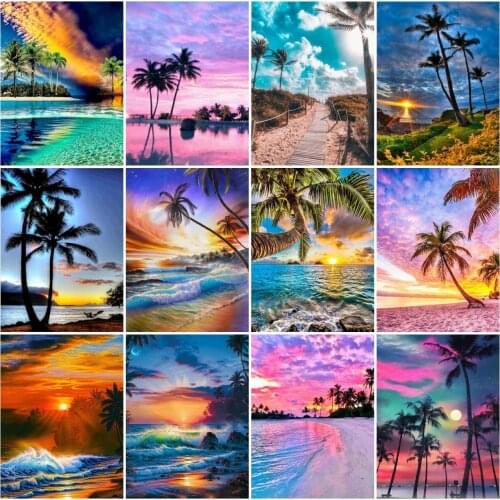AZQSD Diamond Painting Coconut Tree 5D Picture Of Rhinestones Diamond Embroidery Landscape Mosaic Seaside Needlework Home Decor