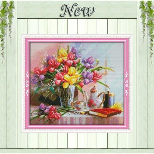 Beautiful flowers table vase 11CT patterns printed on canvas 14CT needlework diy dmc cross stitch chinese Sets Embroidery kits
