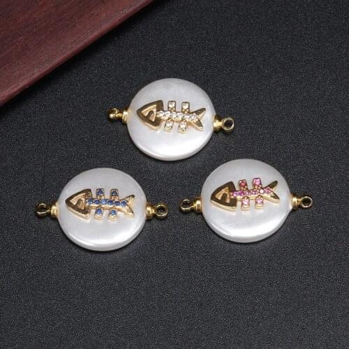 Micro pave goldfish sign multiple cz charm round coin pearl bead connector for bracelet women jewelry DIY making
