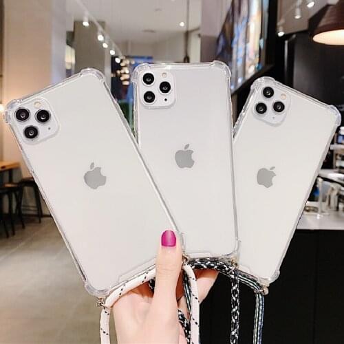 Fashion Lanyard Transparent Phone Case For iPhone 12 11 Pro X XR XS Max 12 Mini 7 8 Plus SE2 Carry Necklace Soft Silicone Cover