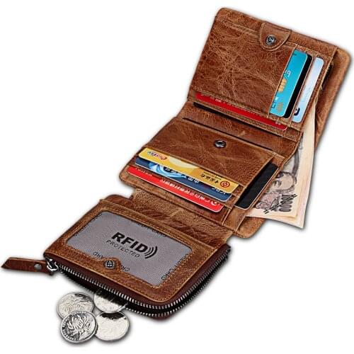 Genuine Leather Crazy Horse Leather Mens Wallets RFID Vintage Trifold Purse with Zipper Coin Pockets