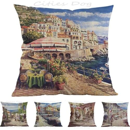 Painting art of cafe table in idyllic seaside 45*45cm square pillow case Cushion cover bar sofa pillow cushion coves