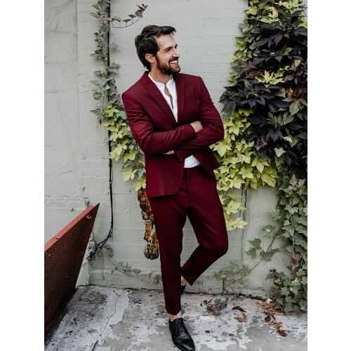 ANNIEBRITNEY Burgundy 2 Piece Slim Fit Men Fashion Suit Cutsom Groom Wedding Tuxedo Prom Wedding Tailor Made Men Suit With Pants