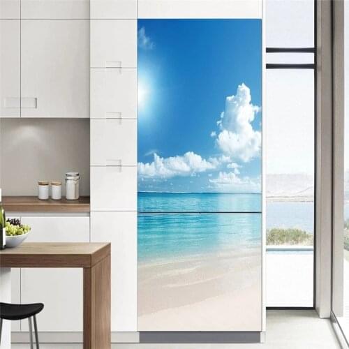 Home Decoration Decal Poster 3D Fridge Creative Door Stickers Print Art Blue Sky Beach Picture Waterproof Paste For Kids Room