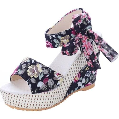 Fashion Women Summer Wedge Sandals Womens Sandals Platform Lace Belt Bow Flip Flops Open Toe high-heeled Women Shoes Female