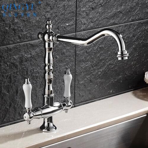 Dual Handle Basin Kitchen Sink Faucet Antique Brass Mixer Tap Swivel 360 Degree Hot and Cold Water Kitchen Sink Mixers Tap