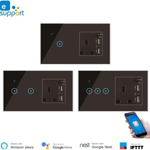 WiFi Smart Switch with USB Port UK Socket 1 2 3 Gang 90V-240V Touch Wall Light Switch Work with Alexa Google Home IFTTT