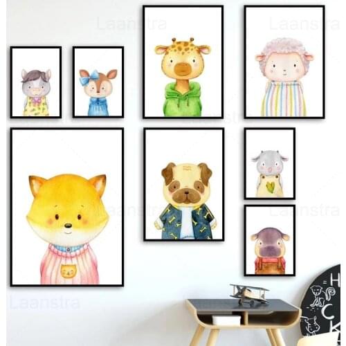 Wall Art Canvas Painting Cartoon Animal Fox Sheep Giraffe Cow Hippo Sheep Childrens Drawing Kindergarten Nursery Baby Room Decor