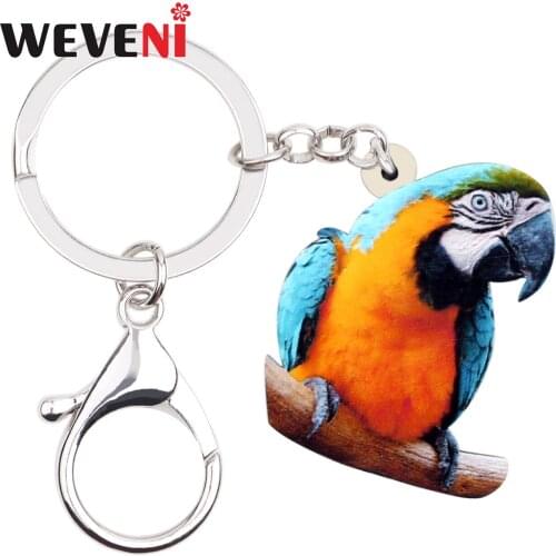 WEVENI Acrylic Blue-and-Yellow Macaw Parrot Bird Key Chain Keychain Holder Fashion Animal Jewelry For Women Girl Bag Charms Gift