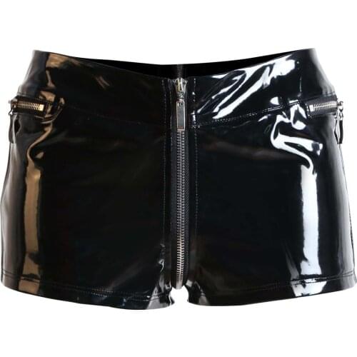 Top Quality Sexy Women PVC Shorts Special Front Zipper To Crotch Shiny Shorts Wetlook Black Gothic Punk Costume Clubwear S-2XL