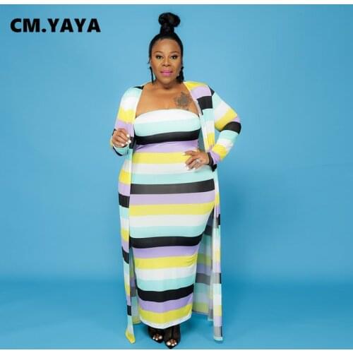 CM.YAYA Women Plus Size Set Striped Strapless Bodycon Dress Full Sleeve Long Cloak Two 2 Piece Sets Fashion Casual Outfit Summer