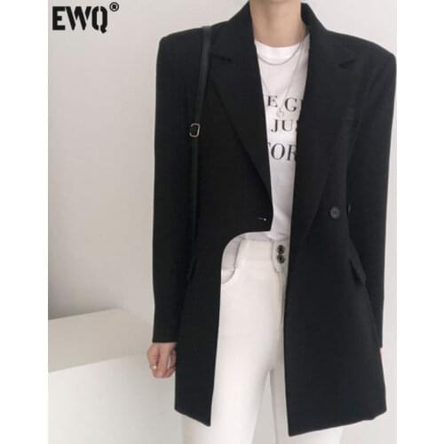 [EWQ]Korea Chic Temperament Black Blazer Women Autumn 2021 New Notched Loose Single Breasted Irregular Long Sleeve Suit Jacket