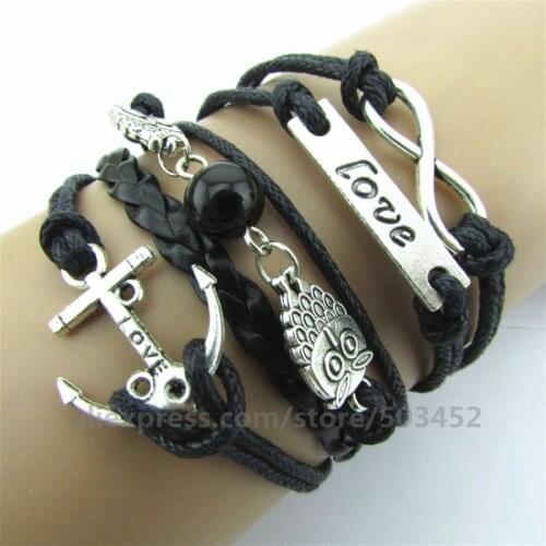 200pcs/lot Factory Price Love Charm Bracelet Braided Wholesales Bracelets Owl & 8 Women Bracelet Fashion Bracelets Sets
