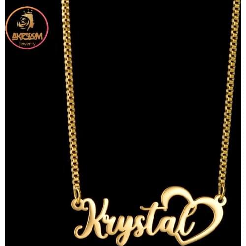 Akizoom Custom Name Necklace Personalized Gold Color Box Chain Letter Open Heart Nameplate Pendant for Women Best Jewelry Gift