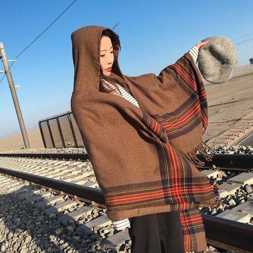 Bohemian Pashmina warm Comfy with Hood Cloak Women 2020 Fashion winter Autumn Stylish Plaid Scarf