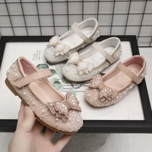 Children Party Girl Dress Shoes Pearl Leather with Bow-knot for Rhinestone Toddlers Girls Butterfly-knot Kids Mary Janes Flats