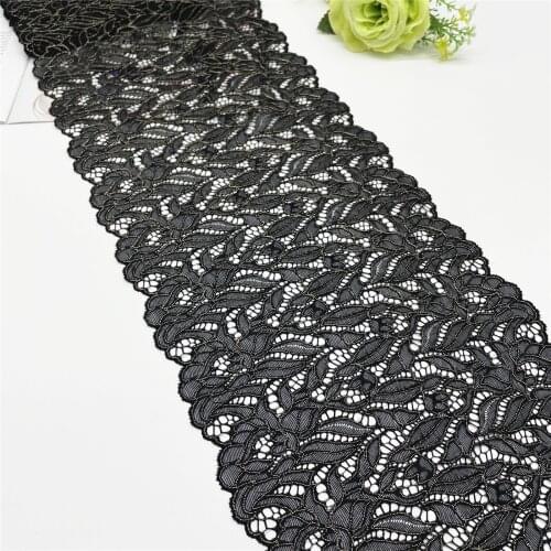 3y/lot 8 5/8 inch (22cm) Skeleton Leaf Foil Elastic Lace Blk With Gold Deco Trimming Garment Accessory DIY Material Dress Fabric