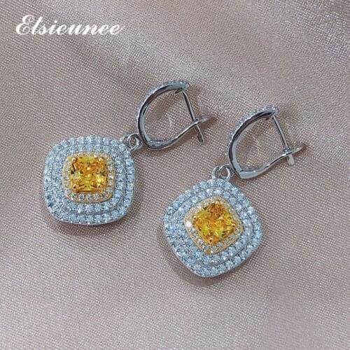 ELSIEUNEE 100% 925 Sterling Silver Citrine Diamond Clip Earrings for Girls Female Wedding Engagement Fine Jewelry Drop Shipping