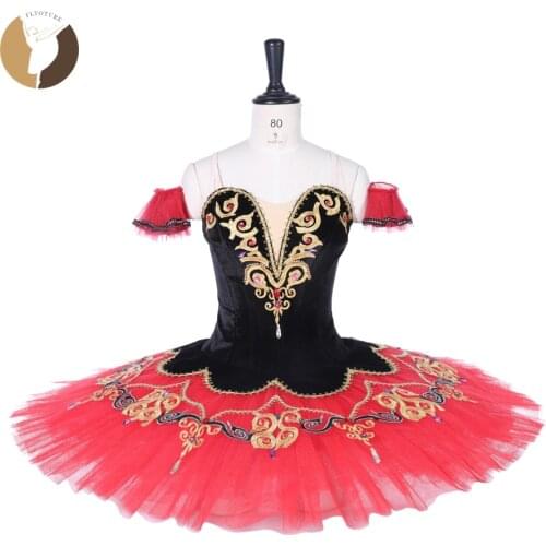 FLTOTURE Women Red Black Ballet Tutu Velvet Fabric 12 Layers Pancake Tutu Ballerina Nutcracker Don Quixote Stage Costumes Dress