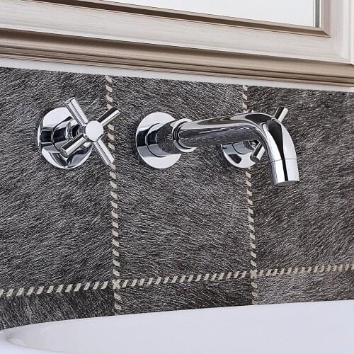 Chrome Solid Brass Double Cross Handle Wall Mounted Widespread Bathroom Vanity Sink Mixer Faucet