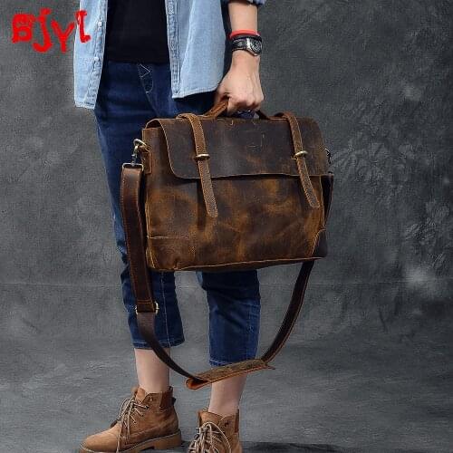 Imported leather retro mens handbag leather male laptop bag briefcase classic crazy horse leather men shoulder Messenger bags