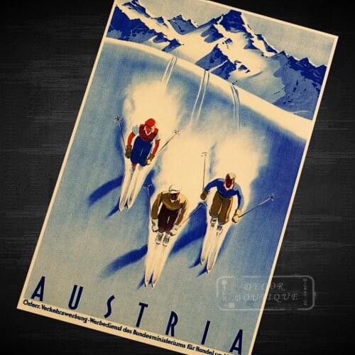 Skiing in Austria Ski Vintage Retro Kraft Travel Poster Canvas DIY Wall Sticker Home Bar Art Posters Decoration Kids Gift