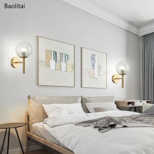 Nordic Pure Copper Wall Lamp E27 220V Modern TV Backdrop Bedside Bedroom Living Childrens Room Glass Ball Home Decoration Light