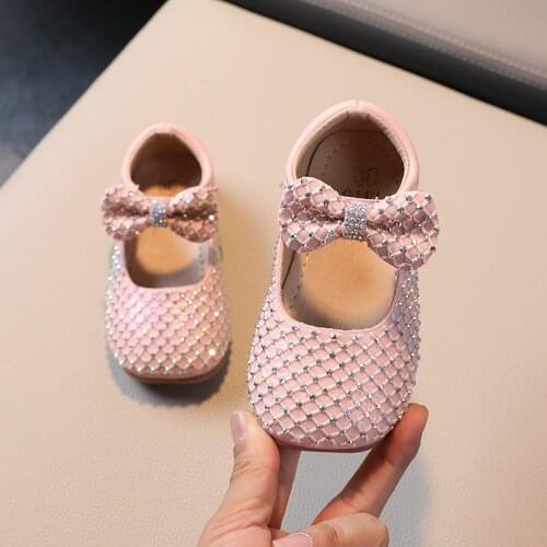 Autumn Girls Rhinestone Leather Shoes 2021 Kids Fashion Single Shoes Sweet Princess Bow Soft Bottom Shoes G202