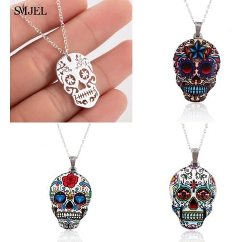 SMJEL Gothic Jewelry Skull Skeleton Necklaces Pendants for Women Punk Pirate Choker Mexican Halloween Gifts Collares