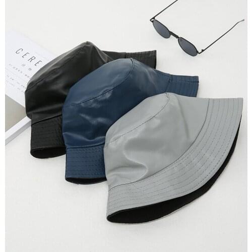 Bucket hat панамы Women hats PU Double sided fashion hat female street personality Mens smooth fisherman hat basin hat