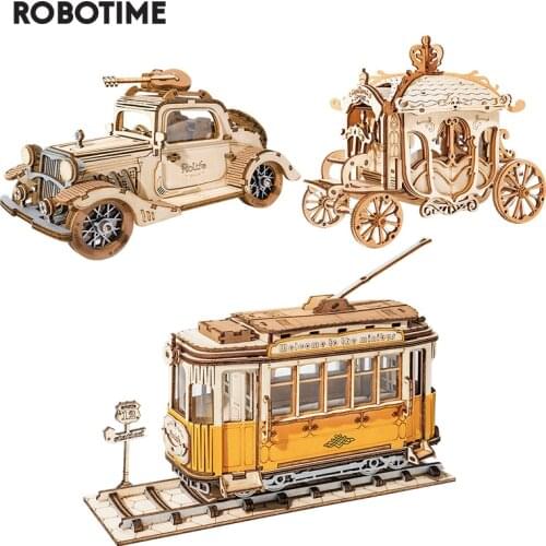 Robotime 3 Kinds DIY 3D Transportation Wooden Model Building Kits Vintage Car Tramcar Carriage Toy Gift for Children Adult