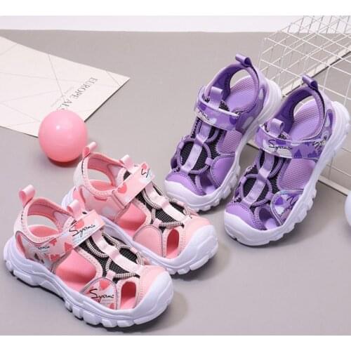 Girls Sport Sandals Summer PU Leather+Breathable Mesh Casual Princess Flat Shoes Slip-resistant Teenager Kids Beach Shoes 27-38