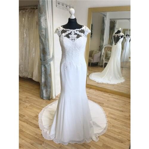 Chiffon Wedding Dress Robe Mariee Bridal Gown Beaded Lace Chiffon Fit and Flare Bateau Neckline Low Illusion Back Vestidos