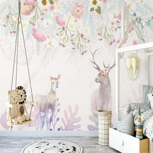 Nordic Hand-painted Elegant Flowers Elk Living Room Bedroom Sofa Background Wall Decor Mural Wallpaper 3D Wall Papers Home Decor