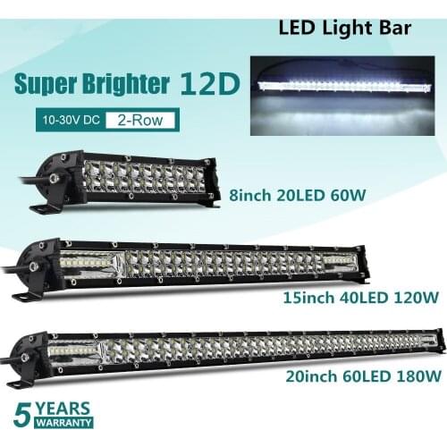 Super Slim 12D 8" 15" 20" LED Light Bar Spotlight Flood Beam 60W 120W 180W Led Bar 4x4 for ATV SUV Offroad LED Work Light 12V 24