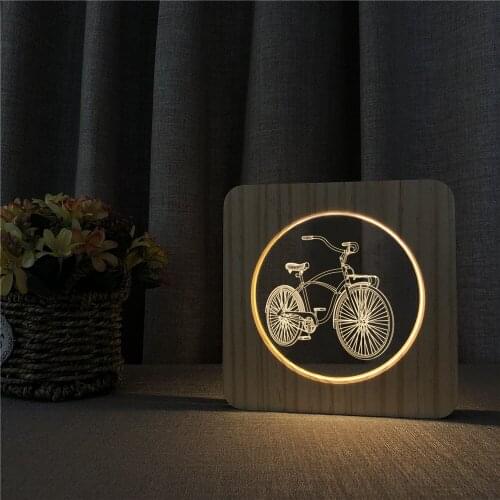 Bicycle Shape 3D LED Arylic Wooden Night Lamp Table Light Switch Control Carving Lamp for Childrens Room Decorate