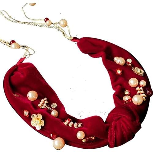 Vintage Wine Red Velour Soft Headband For Women Rhinestone beading Pearl Fringe Hairband Evening Dinner Banquet Show Headpiece