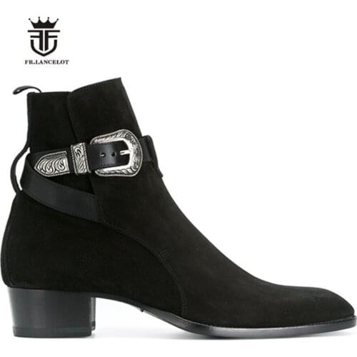 Handmade Vintage Mid High Big Buckle Strap Genuine Leather Cow Suede Men Boot Luxury West Vintage Handmade Boots
