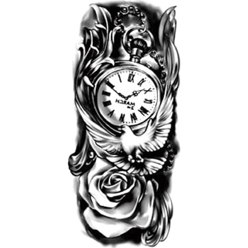 Temporary Tattoo Stickers Black Clock Peace Dove Feather Rose Totem Fake Tattoos Waterproof Tatoos Arm Large Size for Women Men