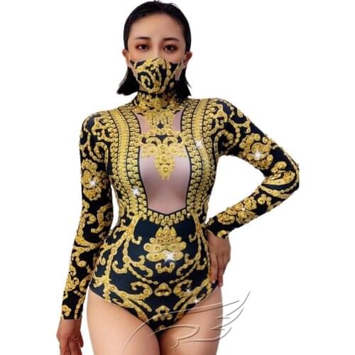 Yellow And Black Print Rhinestone Long Sleeve Jumpsuit Face Decoration Women Pole Dance Bodysuit Female Singer Costumes DQL4813