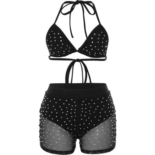 Womens Sexy 2pcs Brief Sets Lingerie Bra Mesh Pajamas Set Fishnet Sequined Ladies Babydoll Sleepwear