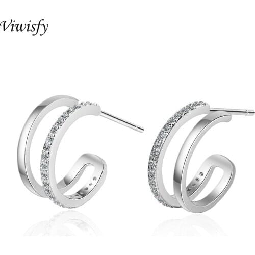 Viwisfy Real 925 Sterling Silver Earrings For Women Double Letter C Crystal Studs VW21041