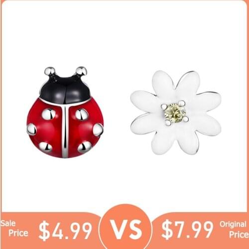 BISAER Ladybug & Daisy Flower Stud Earrings Real 925 Sterling Silver Red Enamel Small Earrings For Women Original Jewelry ECE917