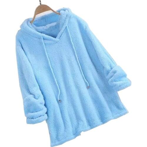 Autumn Winter Long Sleeve Hoodies Women Warm Plush Drawstring Hoodies Flannel Thin Pullover Loose Sleepwear Tops Plus Size