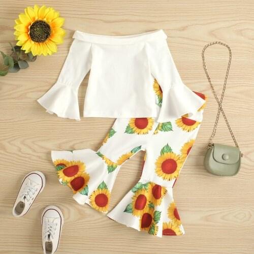 2Pcs Toddler Girls Suit Fall Outfits Off Shoulder Long Sleeve Tops Sunflower Flare Pants Set