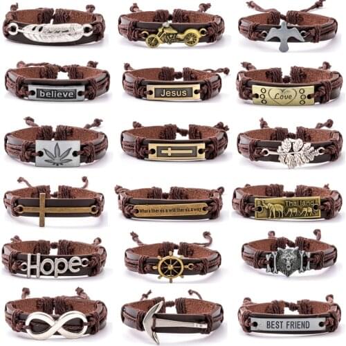 32 Styles Brown Rope Weave Believe Motorcycle Bat Wolf Head Cross Charm Leather Bracelets Men Women Bangles Femme Male Jewellery