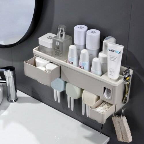 Toothbrush Holder for Bathroom with Mouth Cups Wall Mount Automatic Toothpaste Dispenser Squeezer Toothbrush Case Organizer