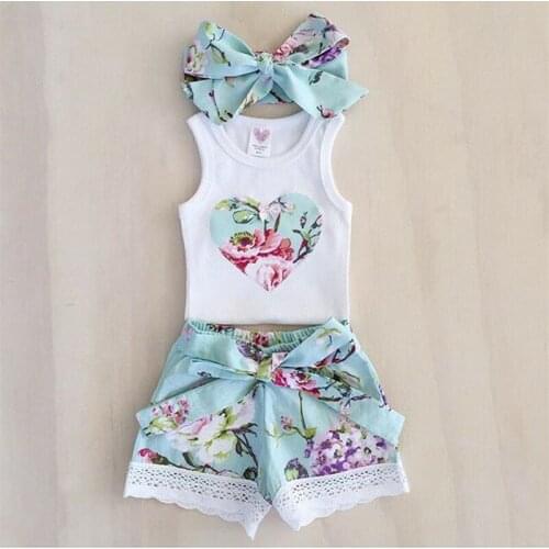 1-4T Toddler Kdis Baby Girl Flower Clothes set Summer Sleeveless Tops Floral Lace Shorts Pants Cute princess Outfits Set
