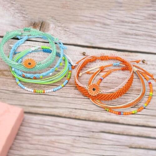 Hot 5 PCS Handmade Braided Bracelet with Stained Flower Decor Adjustable Wax Line Ethnic Beach Wrist Jewelry Set for Summer
