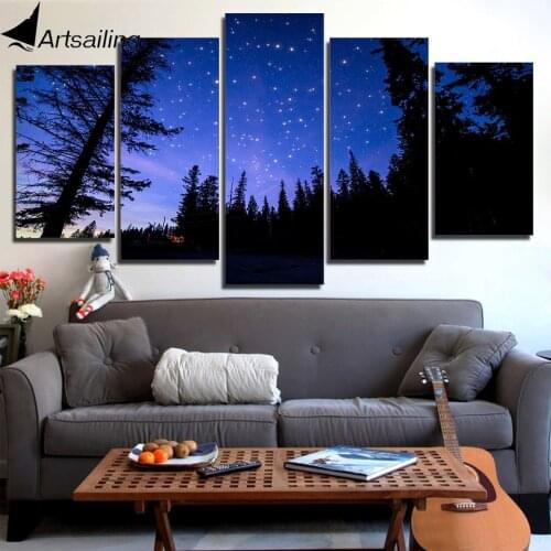 HD printed 5 Piece Canvas Art Purple Starry Sky Painting Night Forest Wall Pictures for Living Room Free Shipping NY-7375C